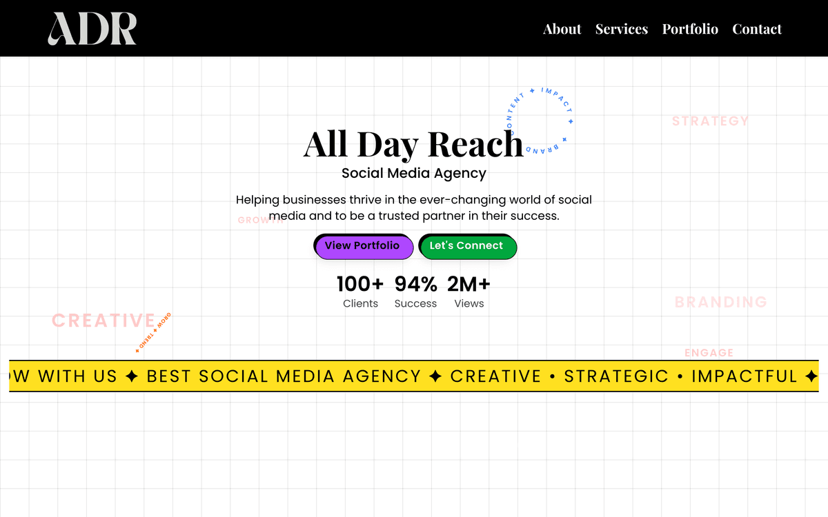 All Day Reach – Social Media Marketing Agency Website – A dynamic agency website helping businesses grow through social media strategy, content marketing, and brand visibility.