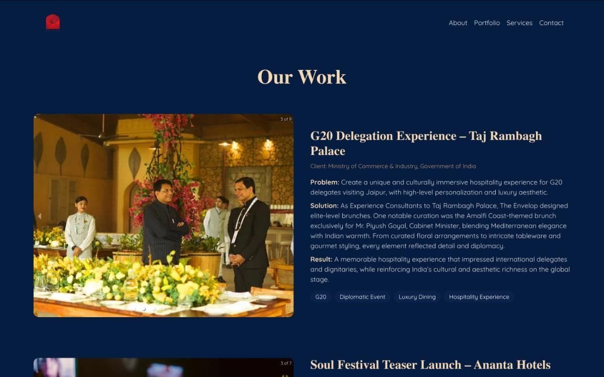 The Envelop – Luxury Wedding & Event Planner Website – Elegant wedding and event planning brand website featuring premium design, event portfolios, and service showcases.