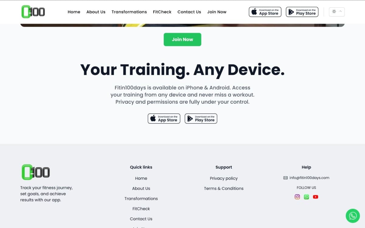 Fit In 100 Days – Weight Loss & Fitness Coaching Website – Transformational fitness brand website focusing on 100-day fat loss plans, diet programs, and client success stories.